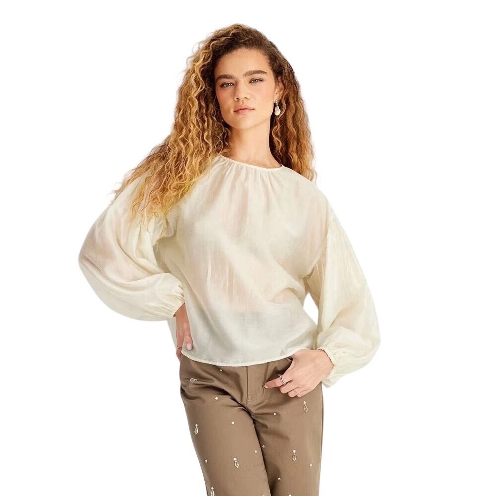 Future Collective Women's Cream Balloon Sleeve Sheer Blouse Size Large
